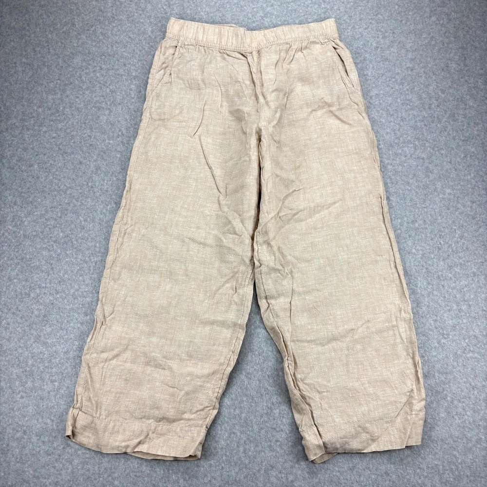 Tahari Pants Womens Large Beige Woven 100% Linen Cropped Wide Leg Elastic Waist